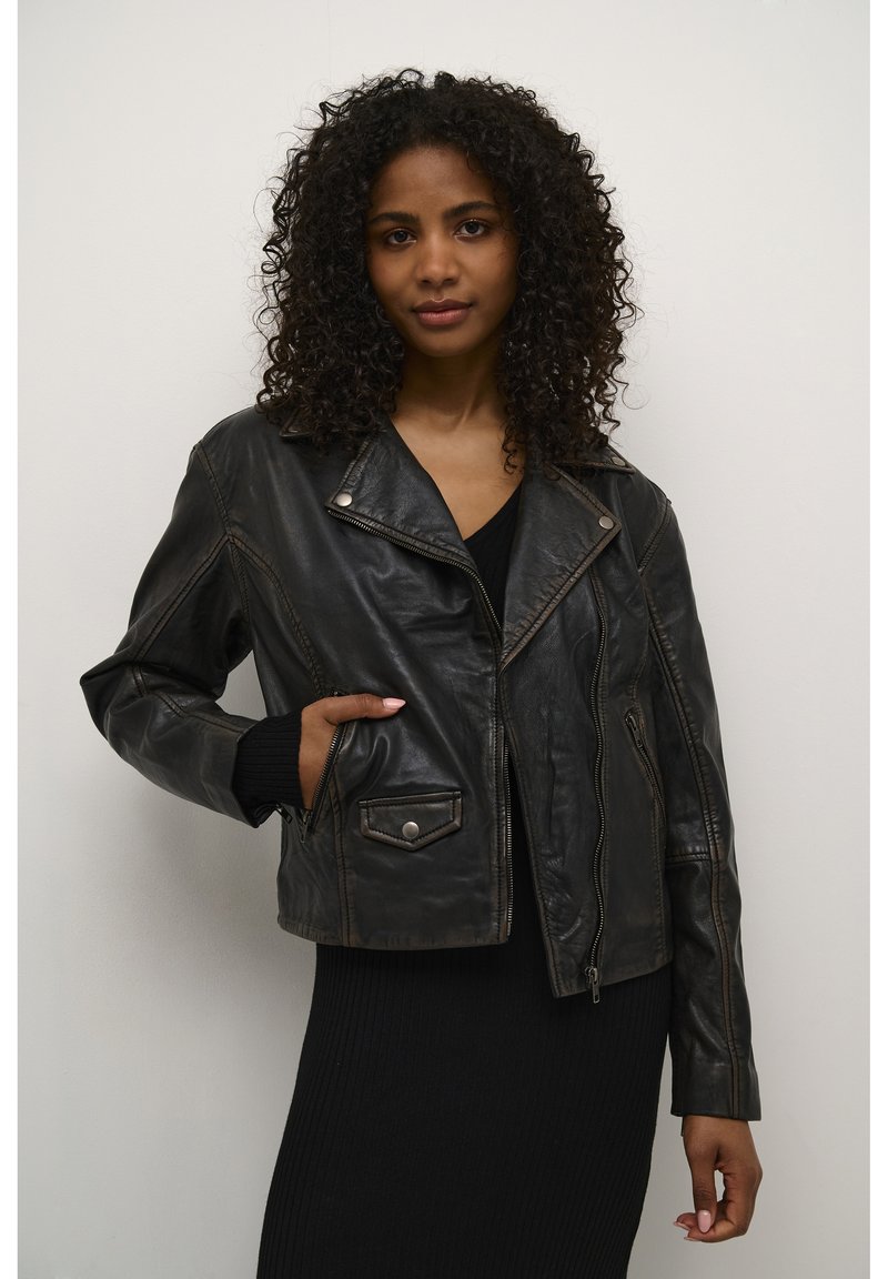 Kaffe KAJANE - Kožená bunda - black washed leather