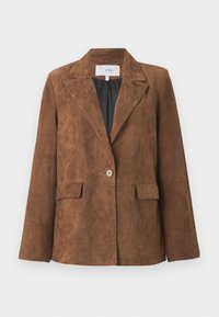 Blazer en daim marron avec un col élégant, fermeture à un bouton, deux poches avant et une doublure intérieure lisse. Design classique et ajusté.