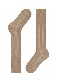 Calze beige con texture a righe, finitura liscia e punta e tallone rinforzati. Include il branding lungo il plantare.