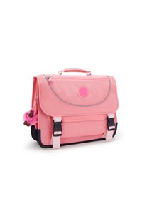 Bolsa mensajera rosa con solapa, material de nylon, acentos grises, base negra, que cuenta con un bolsillo con cremallera y un colgante de un gorila rosa.