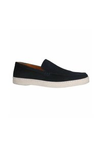 Navy suede slip-on shoe with a textured upper, white rubber sole, and a subtle stitched accent along the edge.