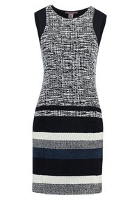 Robe tricotée en noir et blanc avec un haut texturé, sans manches, et un ourlet rayé comportant des nuances de blanc, noir et bleu marine.