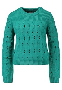 Tealstickad tröja med en texturerad design, med mönstrade hålmönster, långa ärmar och rundad halsringning. Ribbad nederkant och muddar.