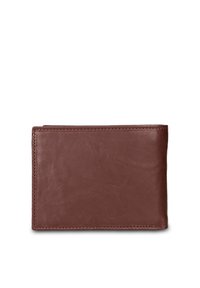 Brown leather wallet with a smooth texture, compact rectangular shape, and visible stitching along the edges. No hardware or embellishments.