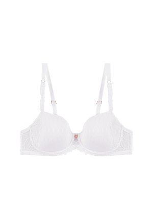 Bílá krajková podprsenka s kosticemi, která má prošívanou strukturu, dekorativní květinové akcenty, nastavitelné ramínka a malý detail se šperkem uprostřed.