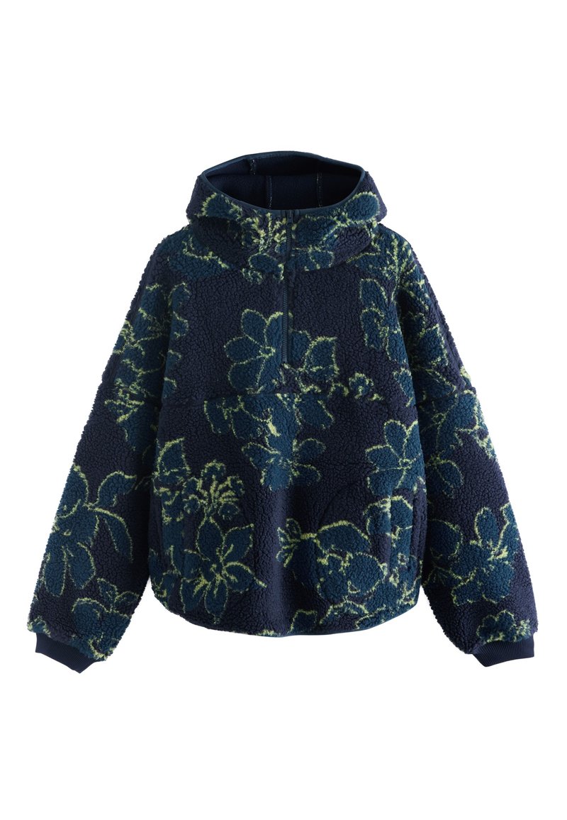 Granatowa bluza z kapturem z polaru z kwiatowym wzorem w zieleni i niebieskim. Posiada przedni zamek na pół oraz elastyczne mankiety.
