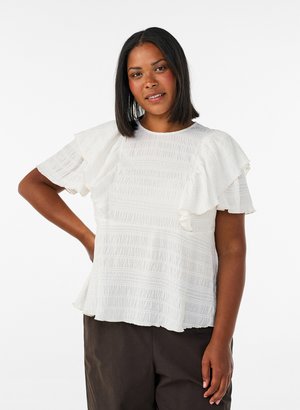 Zizzi, BLUSE MIT GESMOKTER TEXTUR UND RÜSCHENÄRMELN - Μπλούζα - vanille