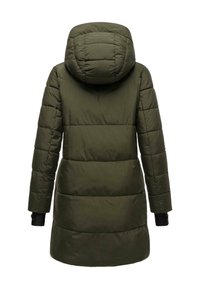 Olive green padded coat with a hood, featuring horizontal quilting, long sleeves, and black cuffs. Smooth, water-resistant material.