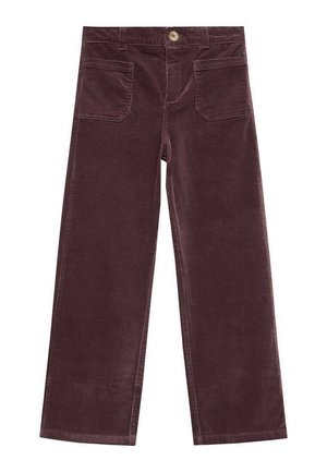 Pantalons large en velours côtelé bordeaux avec fermeture à bouton, deux poches avant et une texture douce et côtelée.