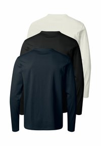 Tre magliette a manica lunga esposte al contrario. Colori: blu navy, nero e bianco. Materiale in cotone con scollo rotondo.