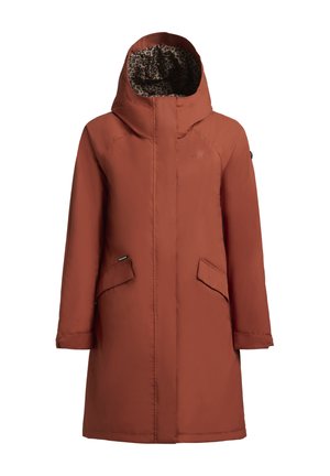 Parka mi-longue couleur rouille avec capuche, dotée d'une doublure imprimée léopard, de deux poches avant et d'un design épuré et minimaliste.