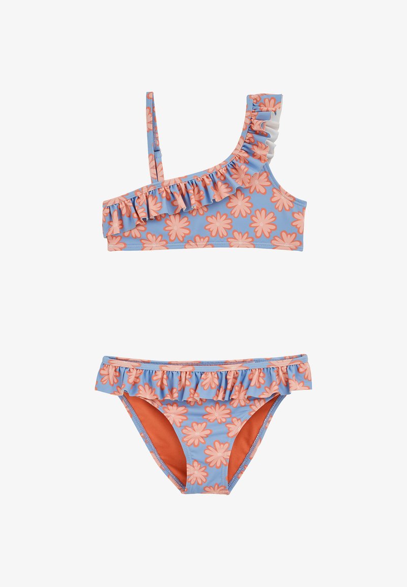 Modrý dvojdielny plavky s oranžovým kvetinovým vzorom, s volánikmi na topu s jedným ramienkom a na pásovke spodnej časti.