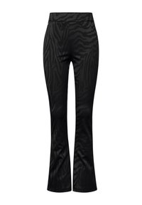 Zwarte flared broek met een subtiel zebra printpatroon, gemaakt van een zachte, stretchy stof, met een hoge tailleband en een aansluitend ontwerp.