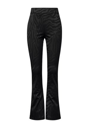 Pantalones acampanados negros con un sutil estampado de cebra, hechos de una tela suave y elástica, con una cintura alta y un diseño ajustado.