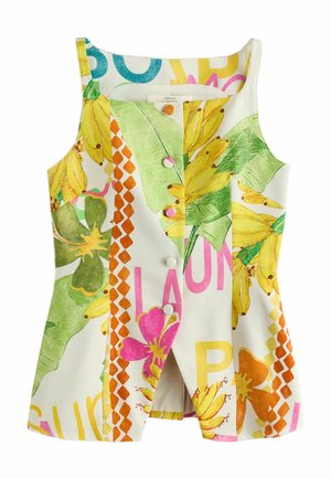 Ujjatlan, gombos elejű felső, színes trópusi mintával, amely banánokat, nagy zöld leveleket, valamint rózsaszín és narancssárga virágokat ábrázol fehér anyagon.