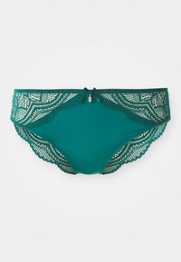 Teal green lingerie featuring intricate lace trim with scalloped edges, a small bow detail, and a smooth, soft material base.
