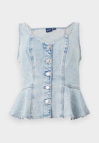 Lichtblauwe denim peplumtop met een ronde halslijn, zes zilveren drukknoopjes en gestikte details overal.