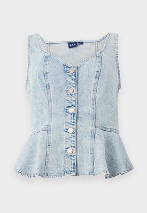 Light blue denim peplum top featuring a scoop neckline, six silver snap buttons, and seamed detailing throughout.