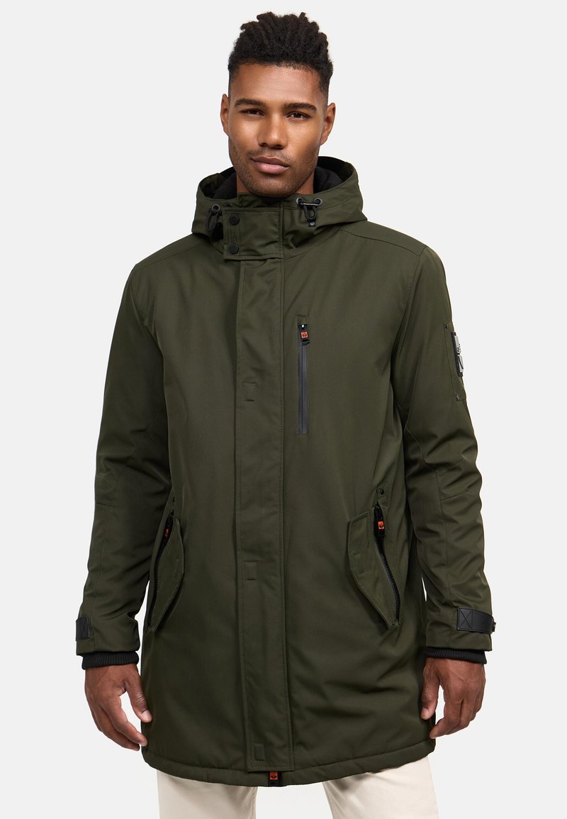 Olive green, hooded parka with a zip front, side pockets, and elastic cuffs. Features black zippers and orange accents. Waterproof material.