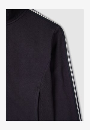 Felpa a maniche lunghe blu navy con pannello laterale a costine e dettaglio a strisce bianche lungo la manica.