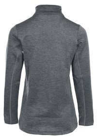 Langärmliger Pullover mit hohem Kragen in Dunkelgrau, der ein strukturiertes Strickmuster und kontrastierende Nähte an den Seiten aufweist.