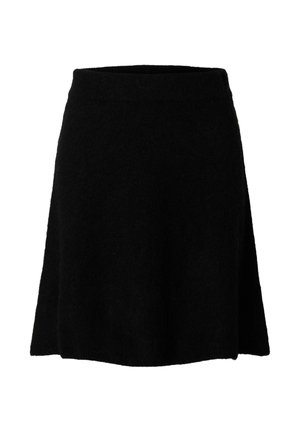 Czarna spódnica z miękkiego materiału, o rozszerzonym kroju, z gładką talią i bez widocznych ozdób czy wzorów.