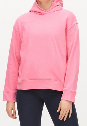 Rosa bomullshuvtröja med en avslappnad passform, stor hoodie, ribbade muddar och en logotyp på bröstet. Slät textur och avslappnad design.