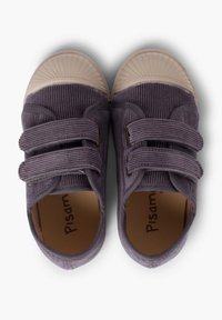 Purple corduroy shoes with rubber toe caps and two Velcro straps. Interior features a brown insole with the brand name printed in dark text.