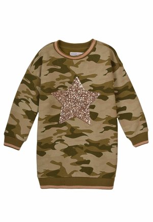 Dziecięca bluza z długim rękawem w kamuflaż w odcieniach oliwkowej zieleni i beżu, z dużą gwiazdą z różowego złota z cekinów na przodzie.