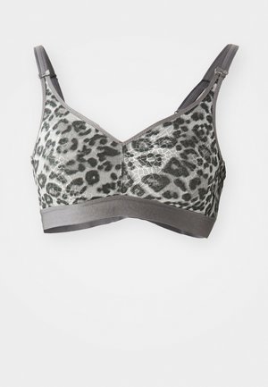 Soft bra with adjustable straps, grey leopard print mesh fabric, wide supportive band, seamless cups, no underwire.