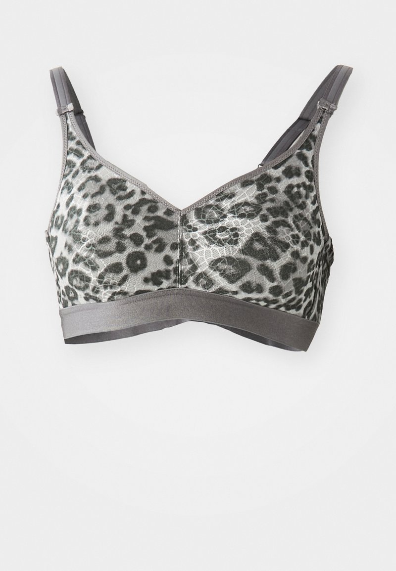 Soft bra with adjustable straps, grey leopard print mesh fabric, wide supportive band, seamless cups, no underwire.
