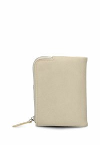 Beige Leder Geldbörse mit Reißverschluss, strukturiertem Finish und kleinem Zugband am Reißverschluss, vor einem weißen Hintergrund gezeigt.