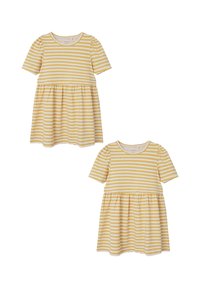 Gestreiftes Kleid mit kurzen Ärmeln, rundem Ausschnitt und schwingendem Rock. Die Farben sind Gelb und Weiß mit horizontalen Streifen.