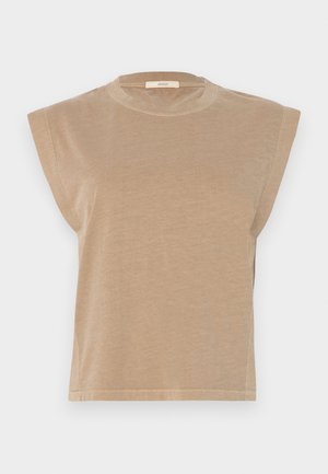 Beige top met korte mouwen in een ontspannen pasvorm, met iets verlaagde schouders en een ronde halslijn. Gemaakt van zachte stof met een gladde textuur.