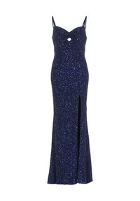 Robe bleu marine ornée de sequins, avec une silhouette ajustée, un décolleté en cœur, des fines bretelles et une fente sur la cuisse. Texture scintillante sur l'ensemble.