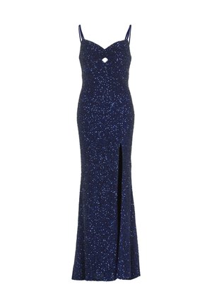 Vestido de lentejuelas azul marino con una silueta ajustada, escote corazón, tirantes finos y una abertura alta en el muslo. Textura brillante en todo el vestido.