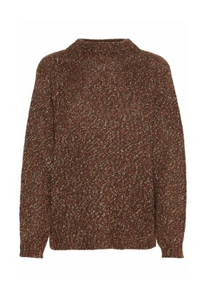 Pull en tricot marron avec un motif texturé, présentant des éclats de rouge et de bleu. Encolure ronde et longues manches, sans fermetures visibles.