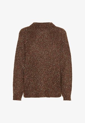 Pull en tricot marron avec un motif texturé, présentant des éclats de rouge et de bleu. Encolure ronde et longues manches, sans fermetures visibles.