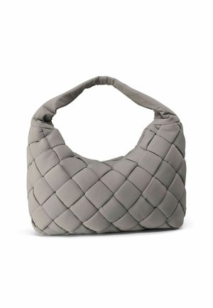 Graue, gewebte Schultertasche mit gepolsterter Textur und einer lässigen, geschwungenen Form. Verfügt über einen weichen, abgerundeten Griff und ein nahtloses Design.