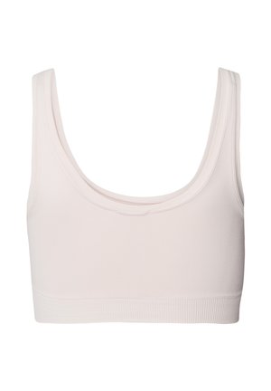 Lichtroze katoenen bralette met een ronde hals, brede bandjes en geribbelde onderband. Glad oppervlak zonder zichtbare hardware of accenten.
