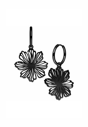 Black metal flower-shaped earrings with an intricate cut-out design and hoop clasps. Lightweight with a matte finish and delicate detailing.