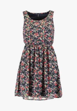 Ärmelloses marineblaues Kleid mit geraffter Taille und buntem Blumenmuster in Rot, Rosa, Weiß und Grün.