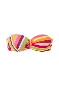 Spalvotas bandeau bikini viršus su ryškiomis horizontaliomis juostomis rožinės, oranžinės, rudos ir žalios spalvų. Lygus audinys su surinkimo detalėmis.
