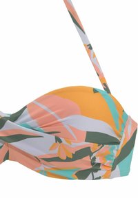 Bunt gemusterter Bikini-Oberteil mit floralen Motiven in Rosa, Orange, Grün und Hellblau. Hergestellt aus dehnbarem Stoff mit verstellbaren Trägern.