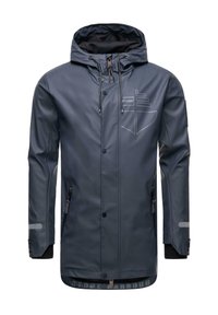 Marinblå vattentät jacka med huva, med grå detaljer, en logotyp på bröstet, sidofickor och justerbar dragsko för passform.