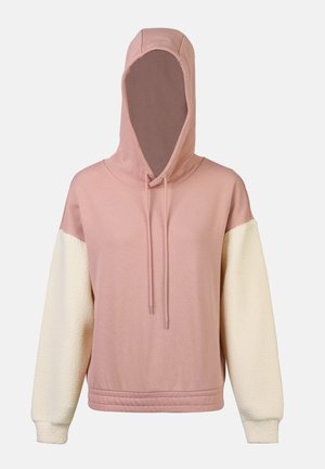 Kapuzensweatshirt mit pinkem Körper und strukturierten weißen Fleeceärmeln. Mit verstellbaren Kordeln und einem verkürzten Saum.