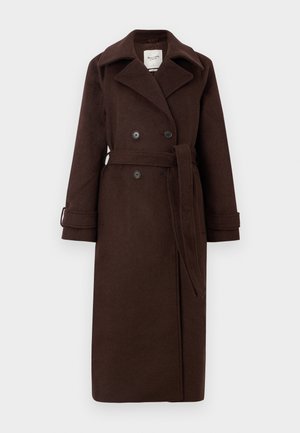 Brauner Woll-Trenchcoat mit doppelter Knopfreihe, großem Kragen und tailliertem Gürtel. Verfügt über zwei Knöpfe und umgeschlagene Manschetten.