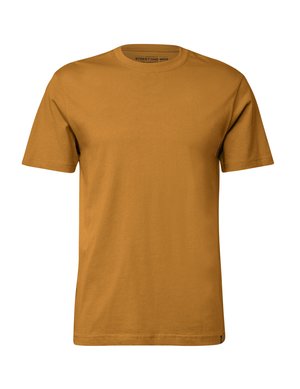 Mustard yellow T-shirt made of soft cotton with short sleeves, a crew neck, and a straight hem. No patterns or additional hardware visible.