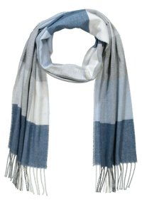 Écharpe rayée bleue et grise en tissu doux avec des extrémités en franges, présentant différentes nuances de bleu et une texture lisse.