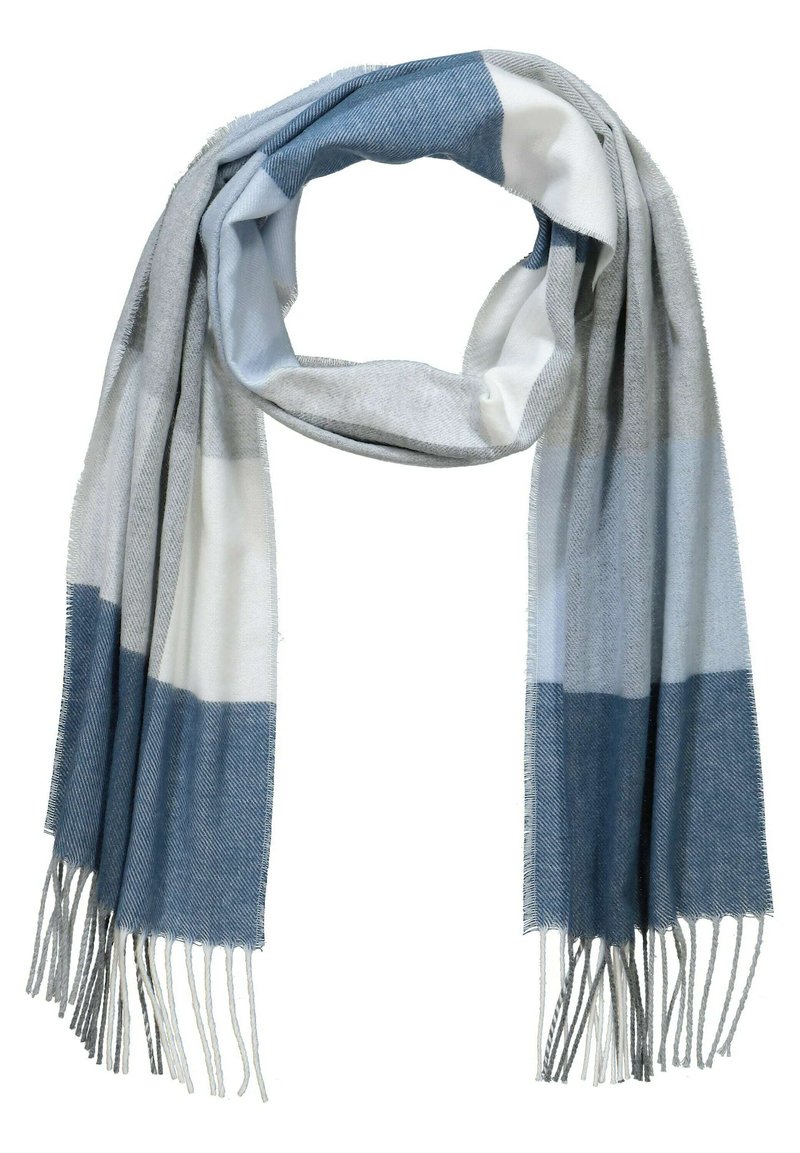 Écharpe rayée bleue et grise en tissu doux avec des extrémités en franges, présentant différentes nuances de bleu et une texture lisse.